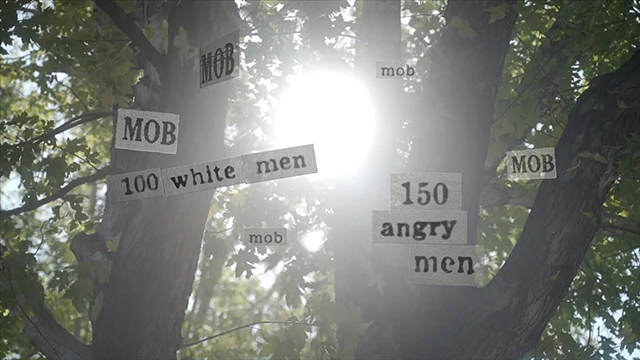Animation frame of falling words over a sun burst through tree
